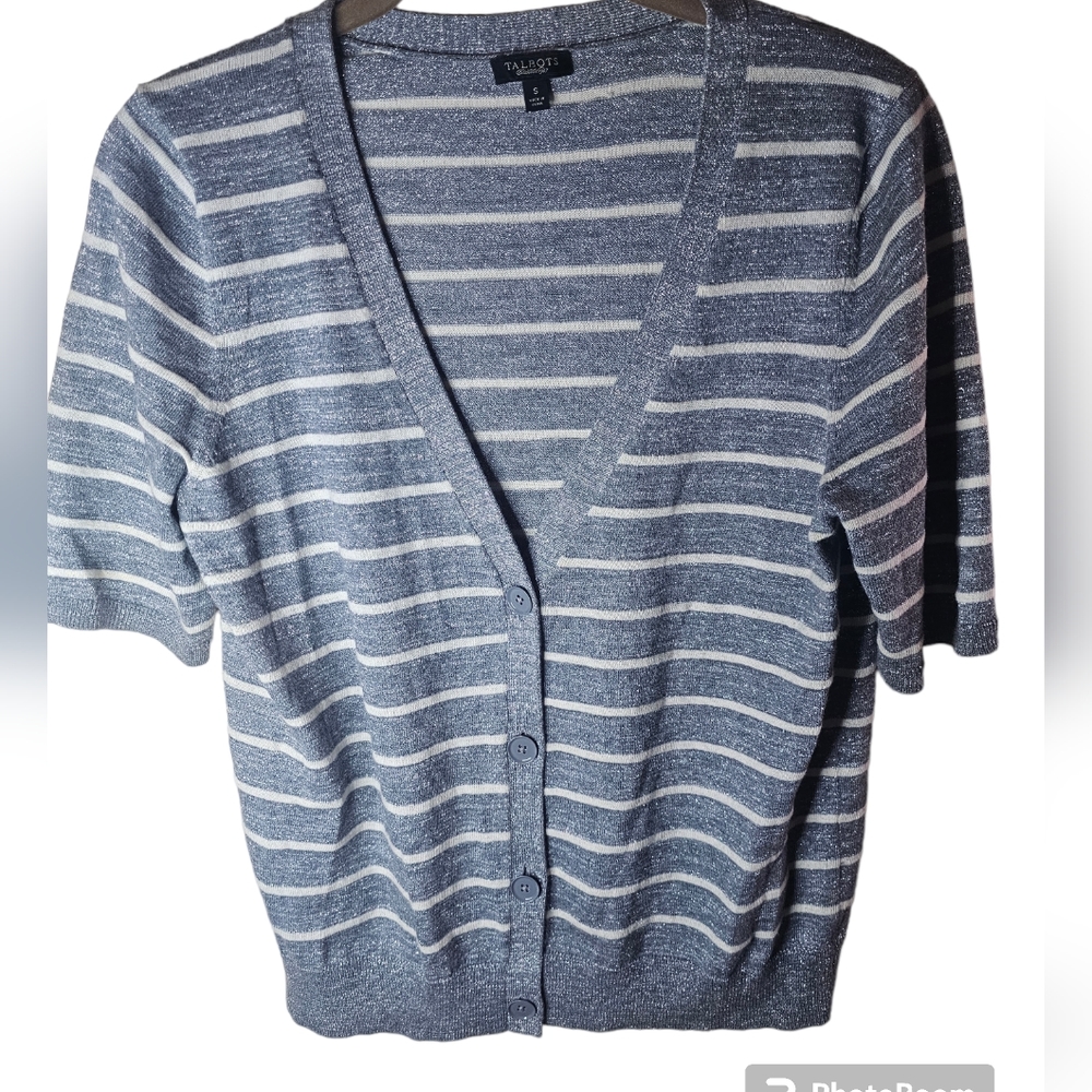 Talbot women's gray/white V-neck button front short-sleeved cardigan size S